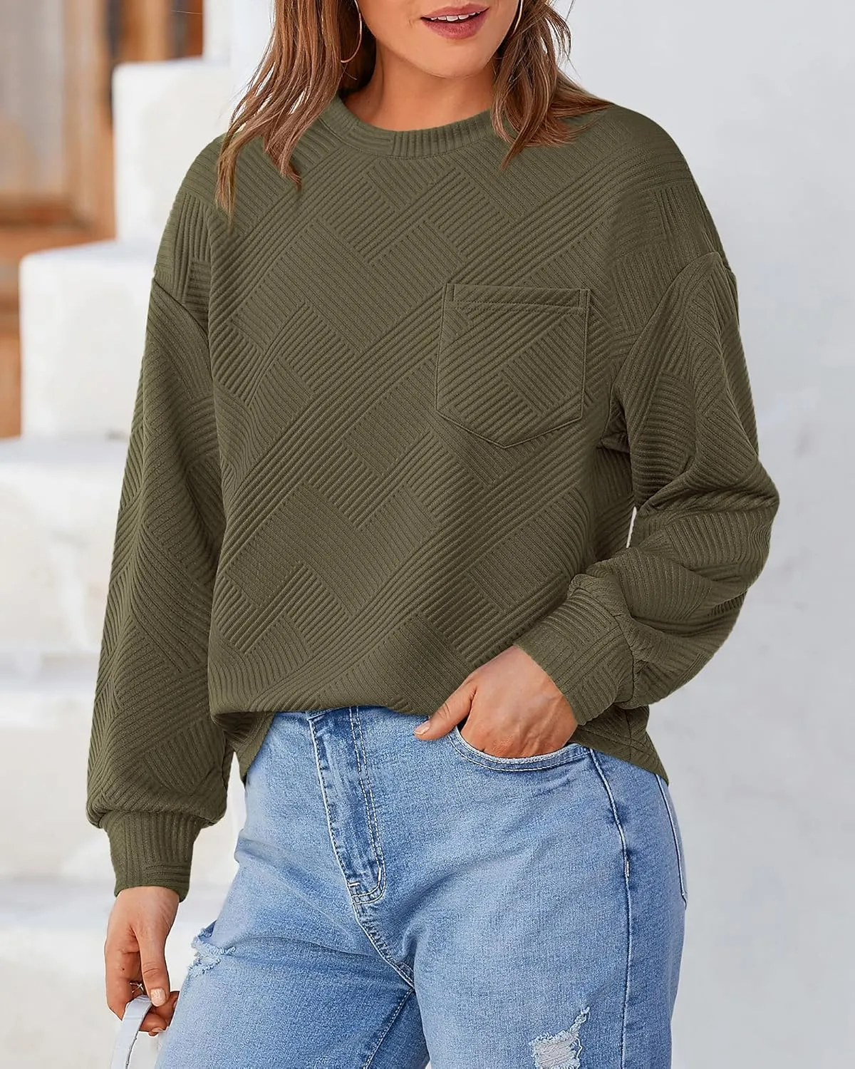 BTFBM Women's Casual Textured Sweatshirts 2024 Fall Winter Long Sleeve Drop Shoulder Crew Neck Pullover Tops with Pocket