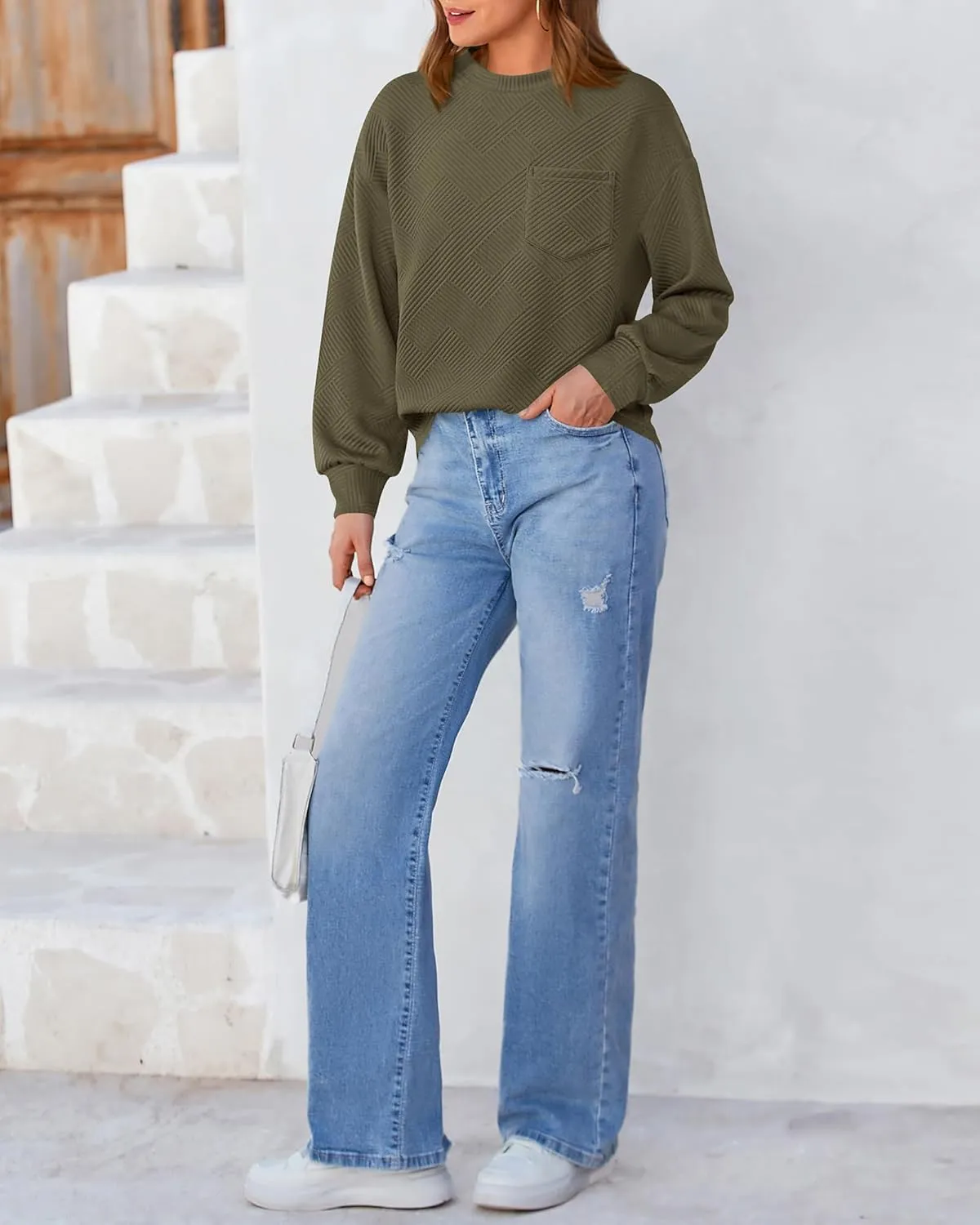 BTFBM Women's Casual Textured Sweatshirts 2024 Fall Winter Long Sleeve Drop Shoulder Crew Neck Pullover Tops with Pocket