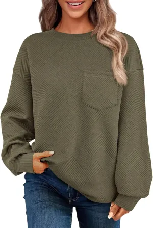 BTFBM Women's Casual Textured Sweatshirts 2024 Fall Winter Long Sleeve Drop Shoulder Crew Neck Pullover Tops with Pocket