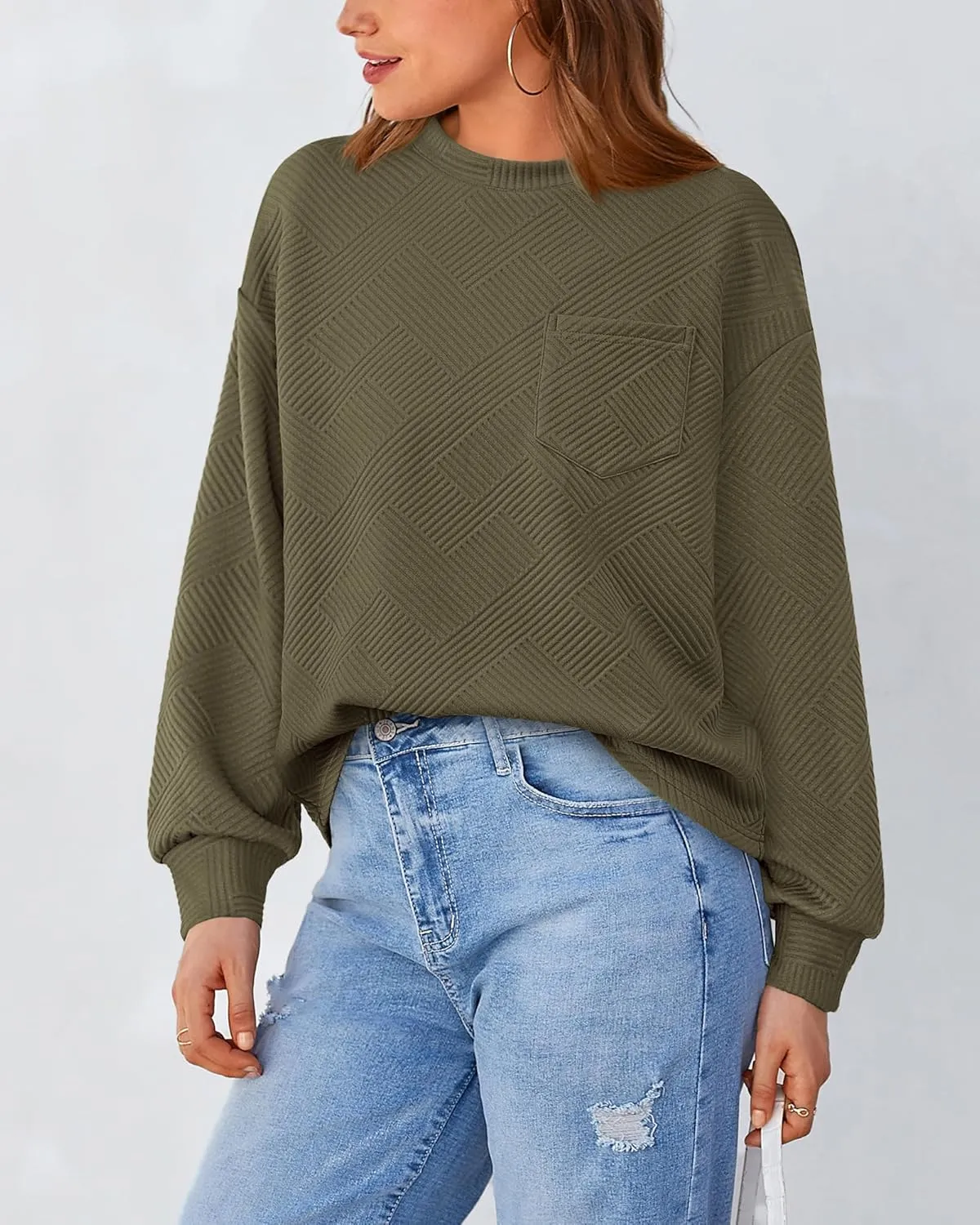 BTFBM Women's Casual Textured Sweatshirts 2024 Fall Winter Long Sleeve Drop Shoulder Crew Neck Pullover Tops with Pocket