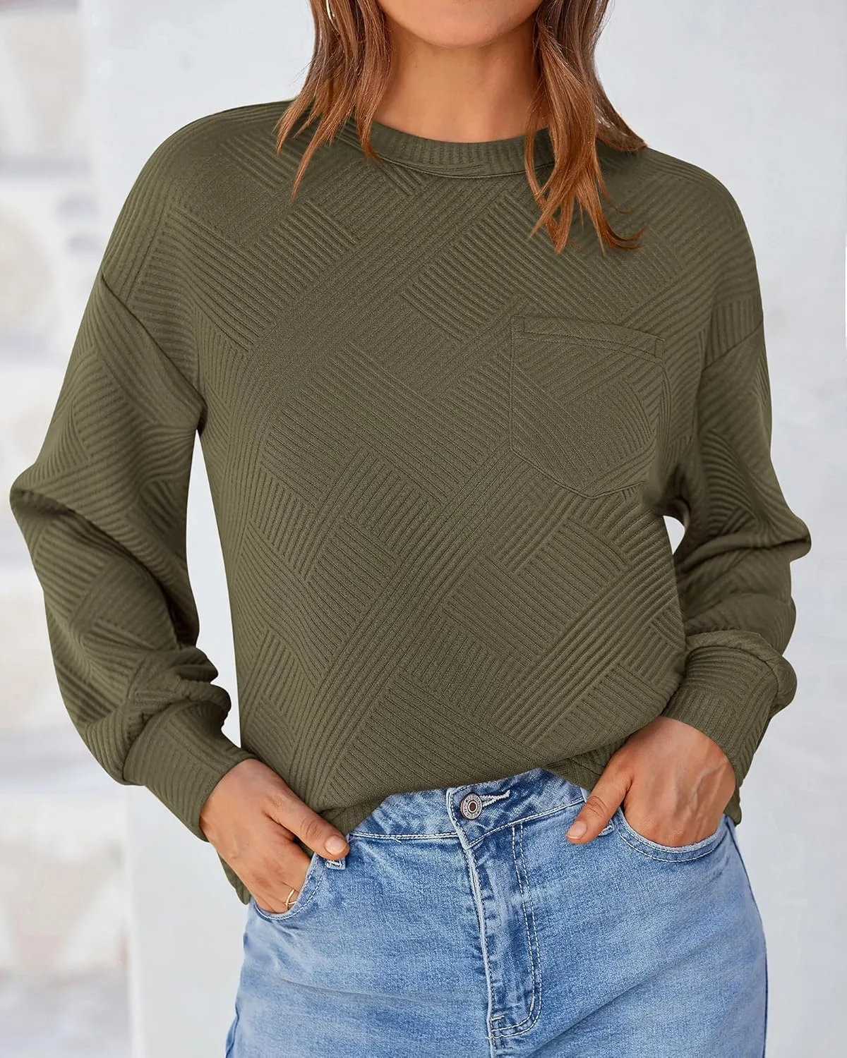 BTFBM Women's Casual Textured Sweatshirts 2024 Fall Winter Long Sleeve Drop Shoulder Crew Neck Pullover Tops with Pocket