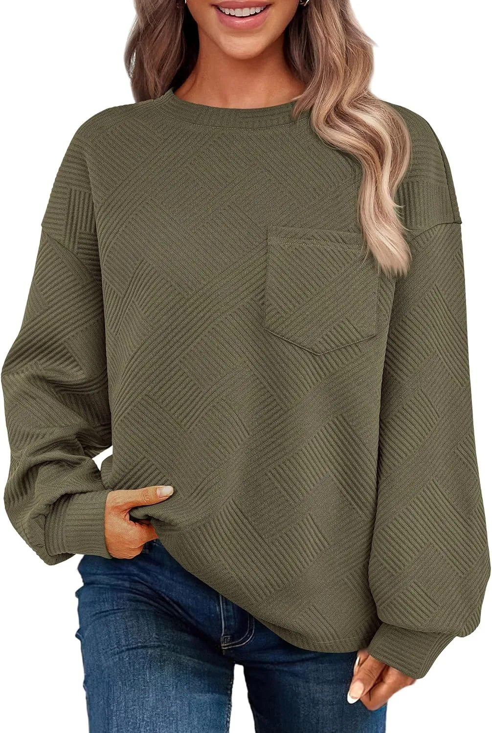 BTFBM Women's Casual Textured Sweatshirts 2024 Fall Winter Long Sleeve Drop Shoulder Crew Neck Pullover Tops with Pocket