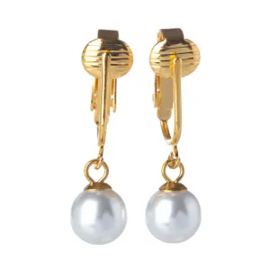 Gold Round Simulated Freshwater Pearl Clip On Dangling Earrings