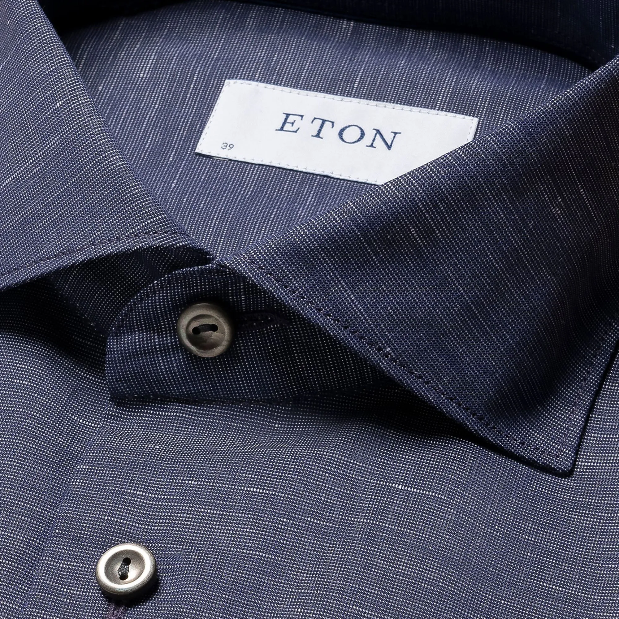 Navy Blue Solid Cotton-Linen Slim Fit Shirt - ETON
