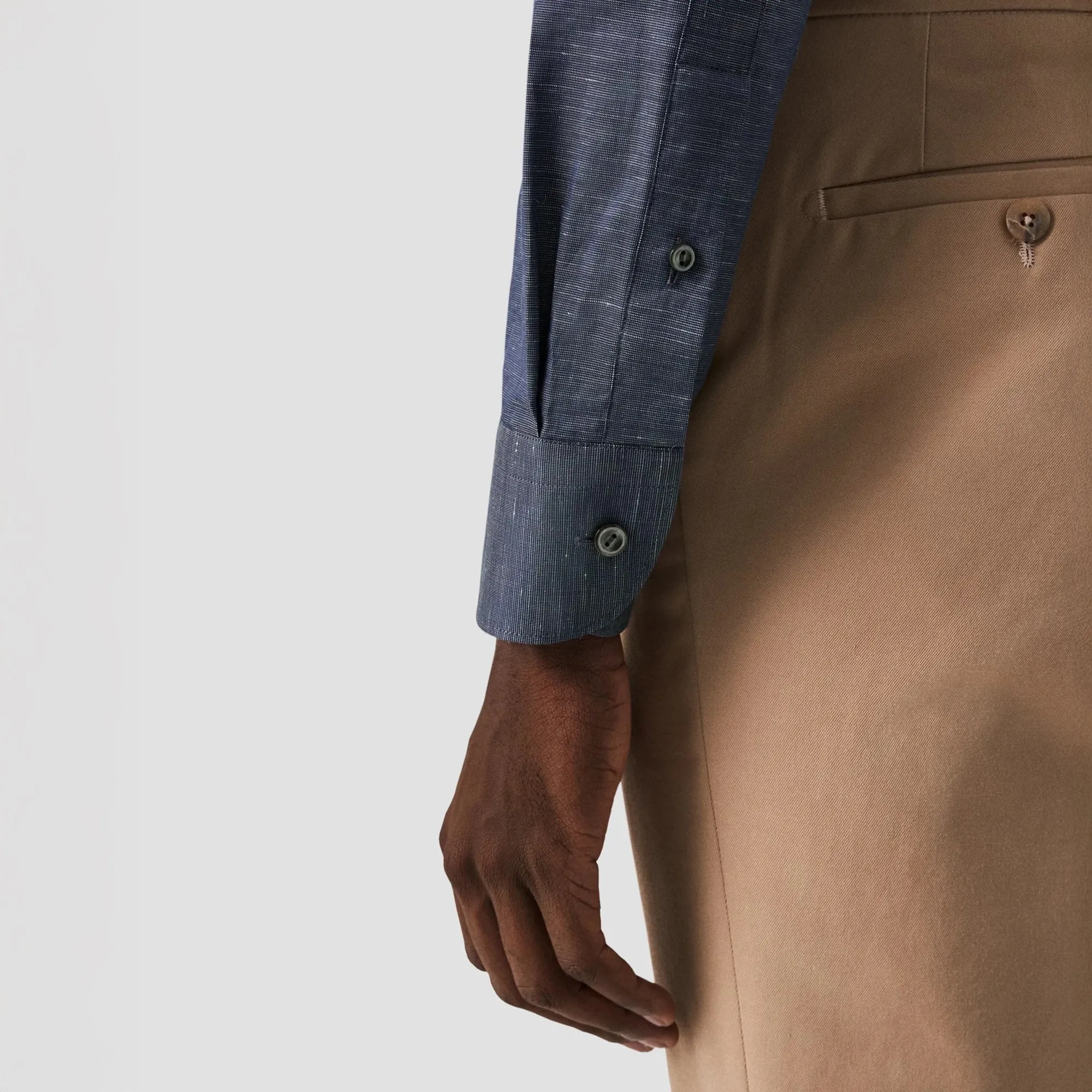Navy Blue Solid Cotton-Linen Slim Fit Shirt - ETON