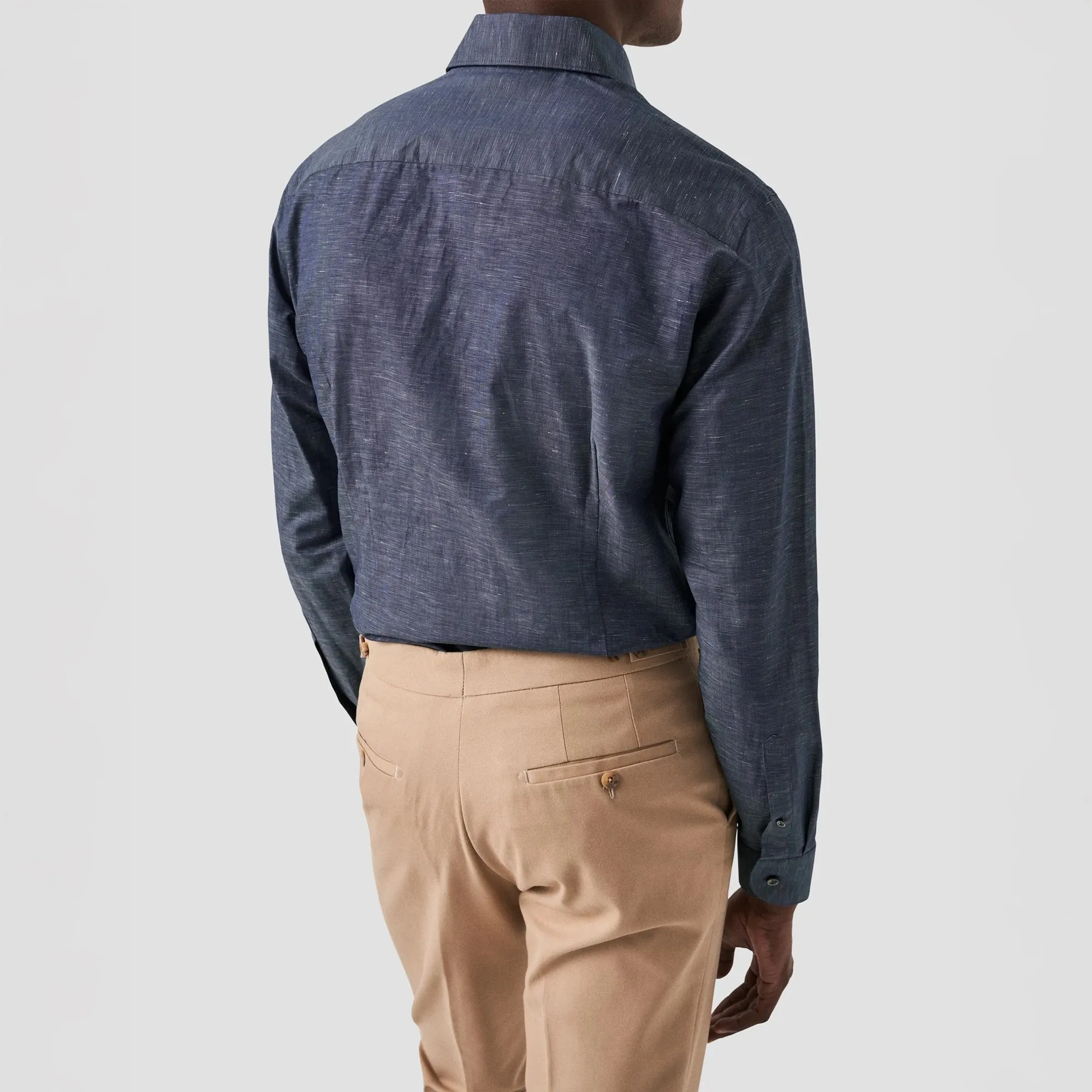 Navy Blue Solid Cotton-Linen Slim Fit Shirt - ETON