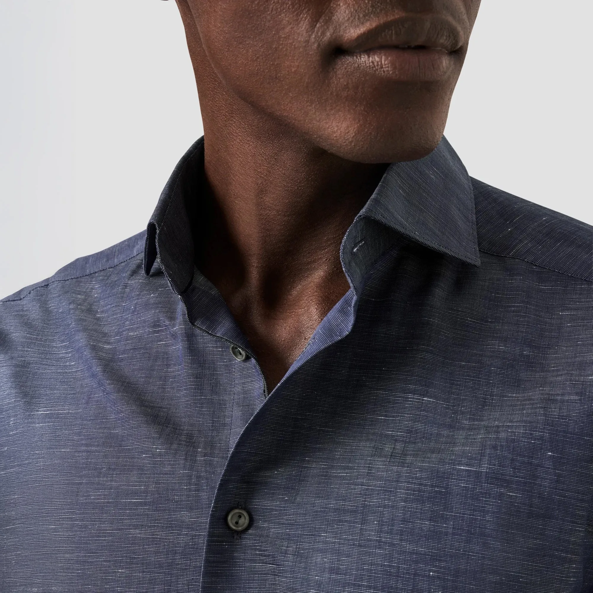 Navy Blue Solid Cotton-Linen Slim Fit Shirt - ETON