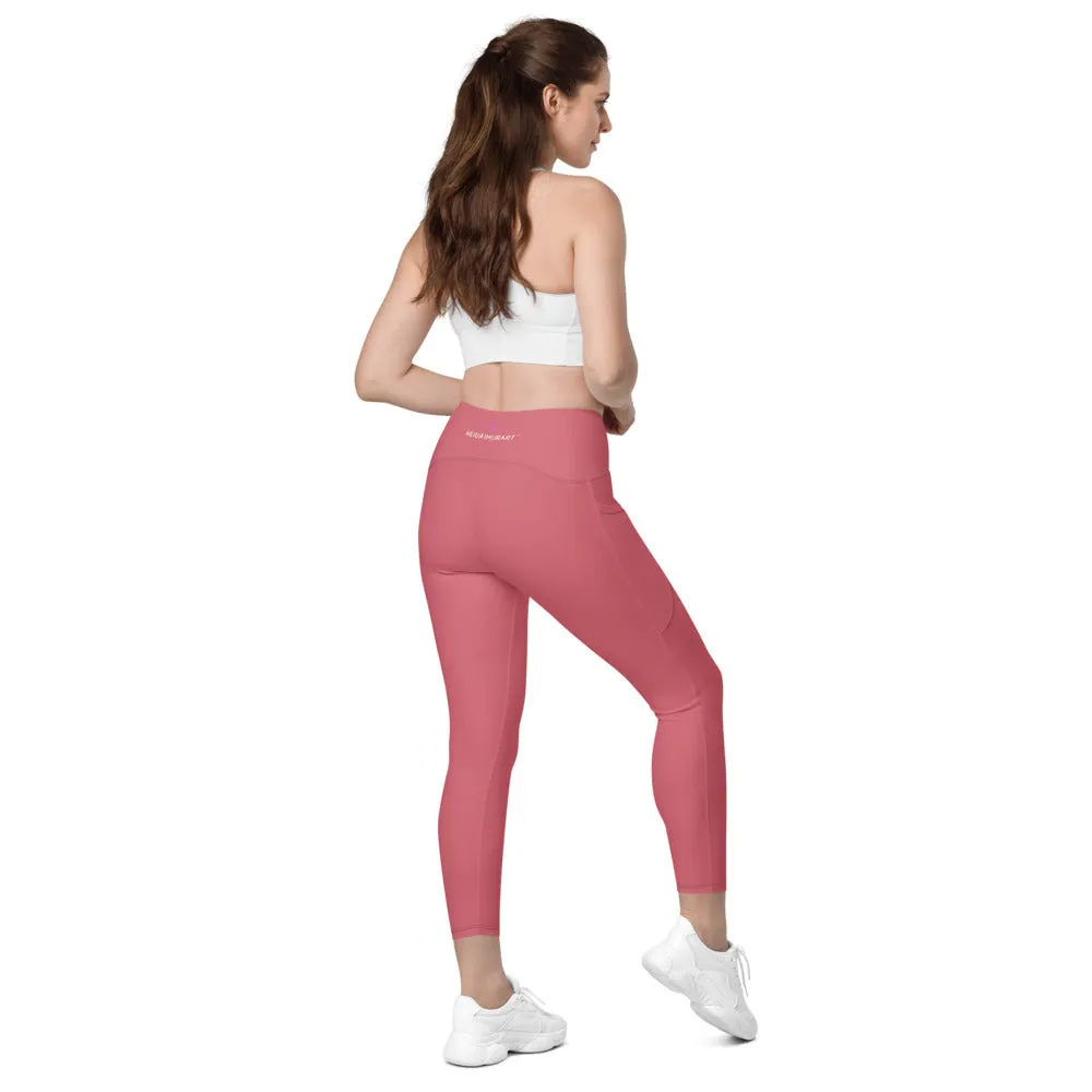 Pink Women's Tights, Solid Color Best Yoga Pants With 2 Side Deep Long Pockets - Made in USA/EU/MX (US Size: 2XS-6XL)