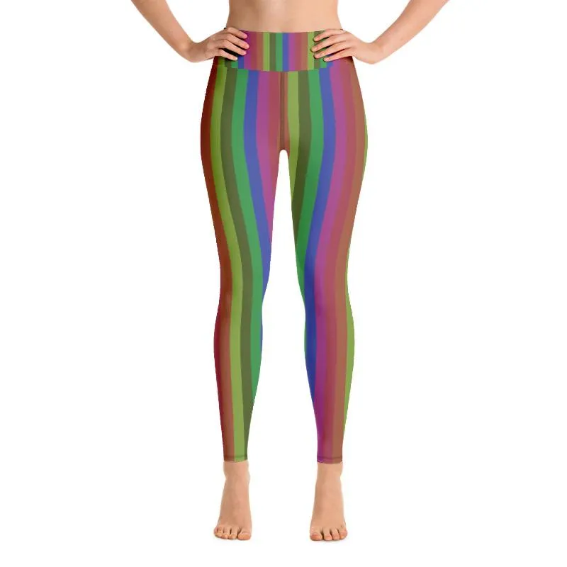 Retro Rainbow Striped Long Tights, Faded Rainbow Stripe Retro Style Print Women's Yoga Leggings- Made in USA